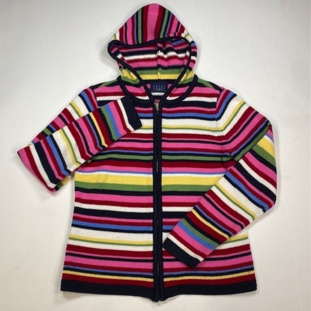Crazy Horse Multi Color Striped Full Zip Hooded Sweater Womens Medium Navy Trim